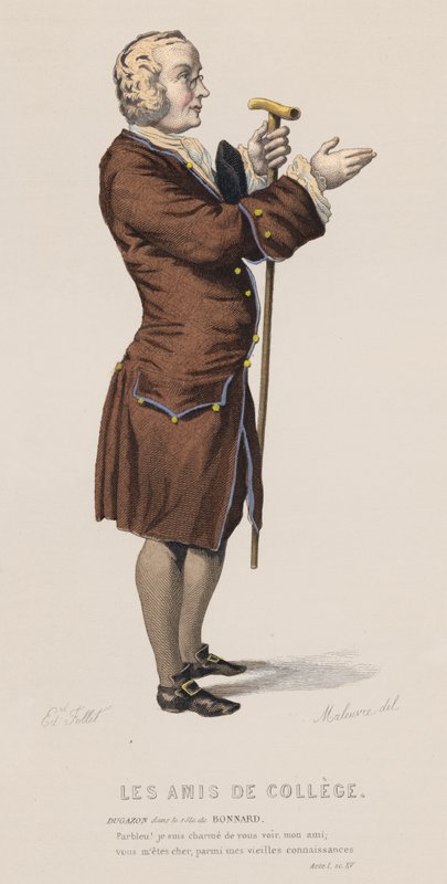 Les Amis De College, Akt I, Szene XV (farbiger Stich) von French School