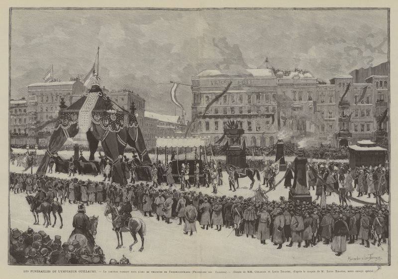 Die Beerdigung von Kaiser Wilhelm, Der Zug unter dem Triumphbogen der Friedrichstraße, Promenade des Tilleuls (Gravur) von French School