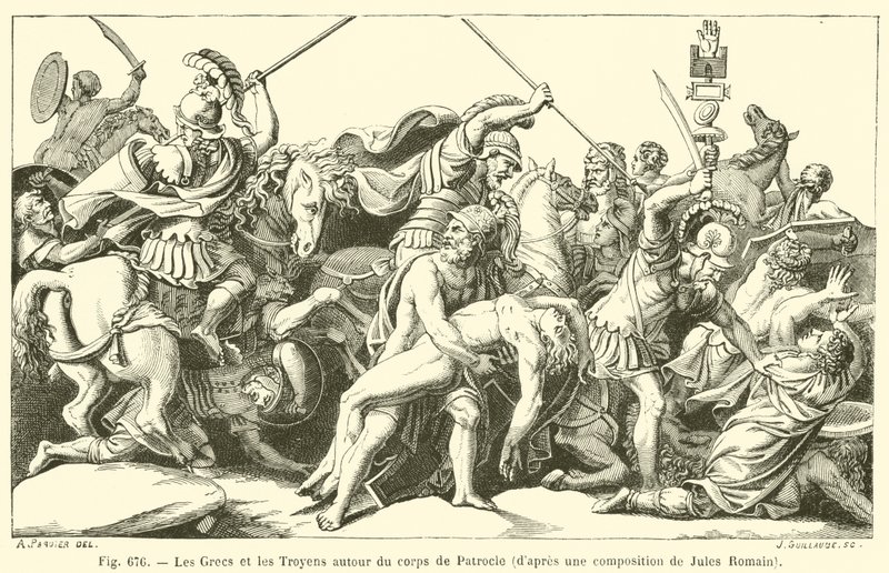 Die Griechen und die Trojaner um den Körper von Patroklos (Stich) von French School