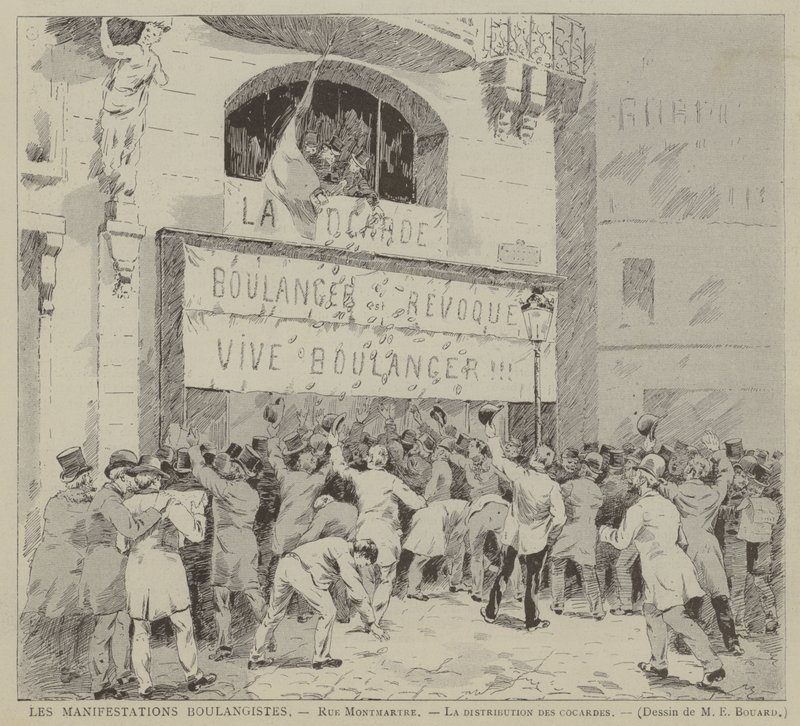 Die Boulangistischen Manifestationen, Rue Montmartre, Die Verteilung der Kokarden (Gravur) von French School