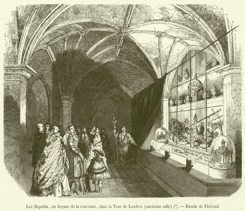 Die Kronjuwelen im Tower von London, alter Saal von French School