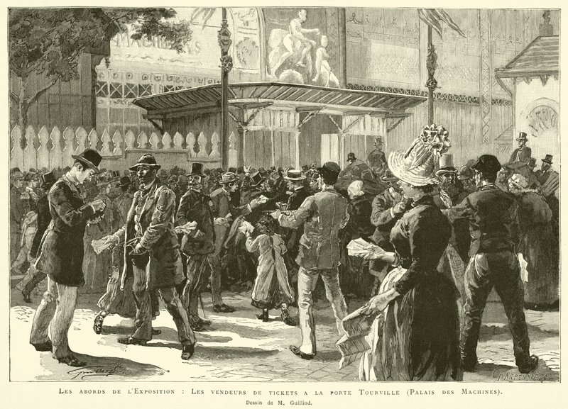 Die Umgebung der Ausstellung, Die Ticketverkäufer am Tor Tourville, Palais des Machines, Zeichnung von M. Guilliod (Gravur) von French School