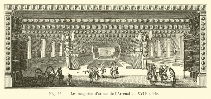 Die Waffenspeicher des Arsenals im 17. Jahrhundert von French School