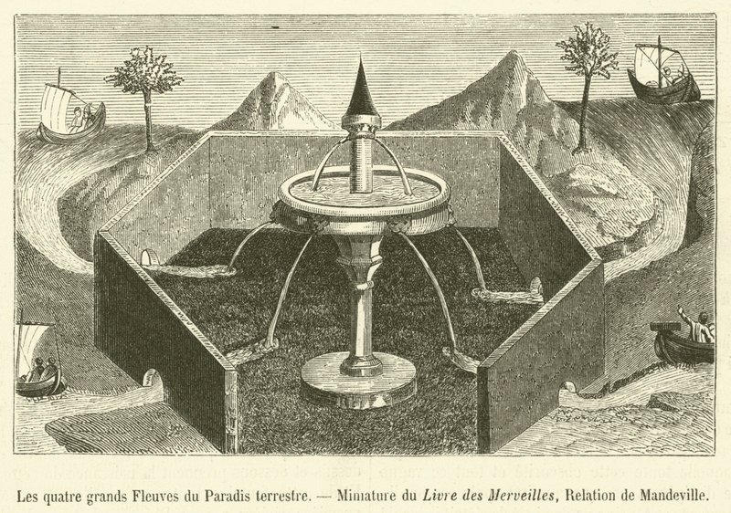 Die vier großen Flüsse des irdischen Paradieses, Miniatur aus dem Buch der Wunder, Relation von Mandeville (Gravur) von French School