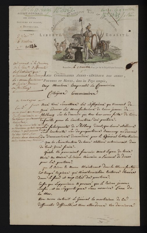 Brief von der Agence Generale des Armes, Poudres et Mines, Brüssel, nach der Annexion der südlichen Niederlande durch Frankreich von French School