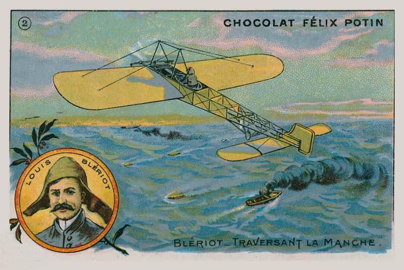 Louis Bleriot überquert als Erster den Ärmelkanal in einem Flugzeug, 1909 von French School