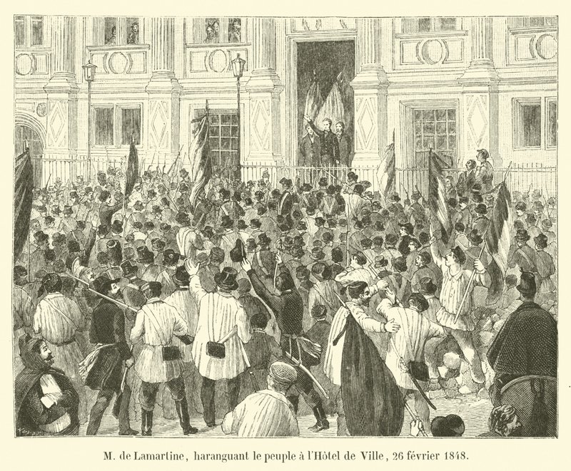 M. de Lamartine, der das Volk im Hôtel de Ville anspricht, 26. Februar 1848 von French School