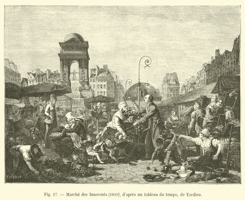 Markt der Unschuldigen, 1810, nach einem Gemälde der Zeit von Tardieu von French School