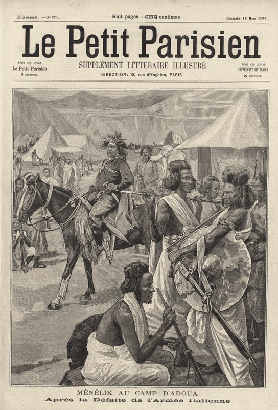 Menelik II., Kaiser von Äthiopien, im Lager von Adwa nach der Niederlage der italienischen Armee, Erster Italienisch-Äthiopischer Krieg von French School