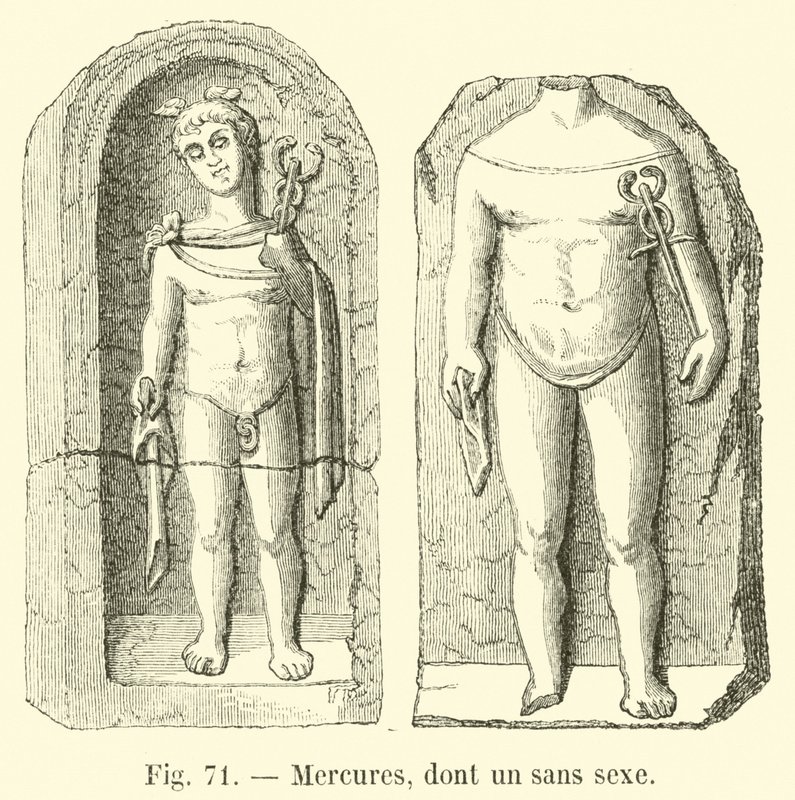 Merkurfiguren, darunter eine geschlechtslose von French School