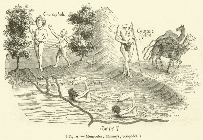 Monokel, Blemmys, Sciopoden (Gravur) von French School