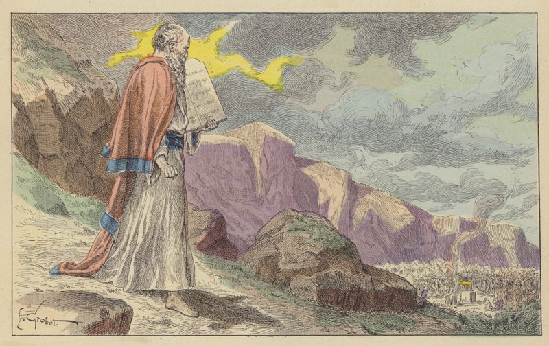 Moses kehrt mit den Zehn Geboten vom Berg Sinai zurück (Farblithografie) von French School