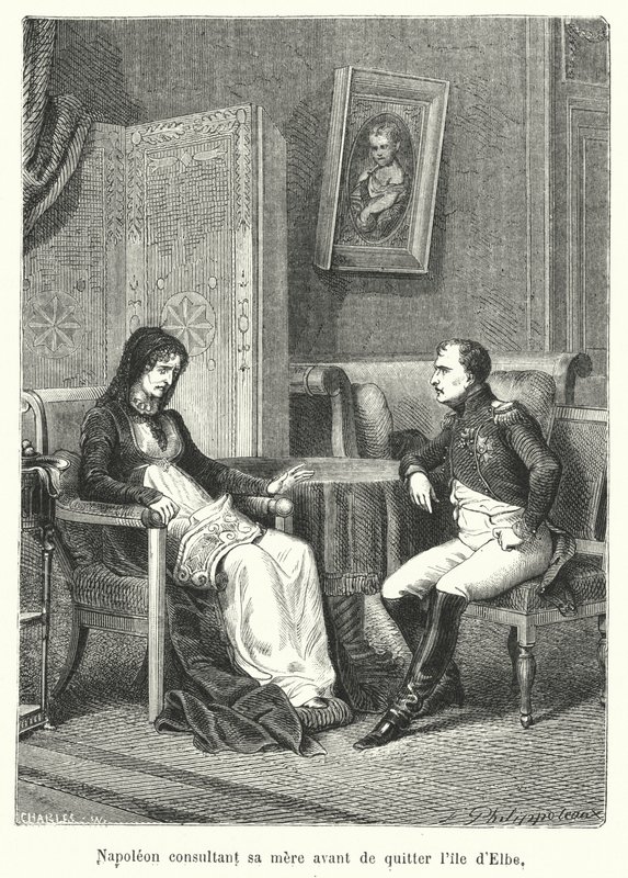 Napoleon konsultiert seine Mutter, bevor er die Insel Elba verlässt von French School