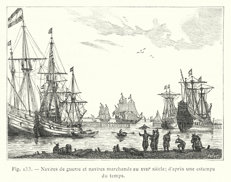 Kriegsschiffe und Handelsschiffe im 17. Jahrhundert; nach einem zeitgenössischen Stich von French School