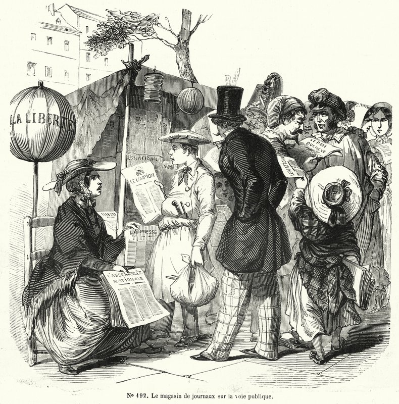 Zeitungsstand auf einer öffentlichen Straße (Stich) von French School