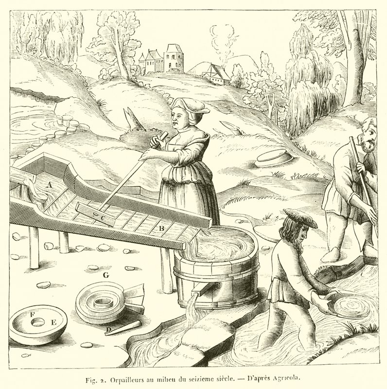Goldwäscher im 16. Jahrhundert (Gravur) von French School