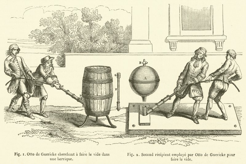 Otto von Guericke versucht, ein Vakuum in einem Fass zu erzeugen, Zweites Gefäß, das von Otto von Guericke verwendet wird, um ein Vakuum zu erzeugen von French School
