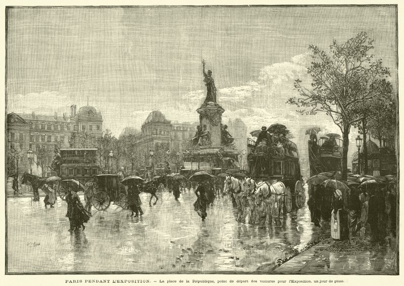 Paris während der Ausstellung, der Place de la République, Ausgangspunkt der Wagen zur Ausstellung, an einem Regentag (Gravur) von French School