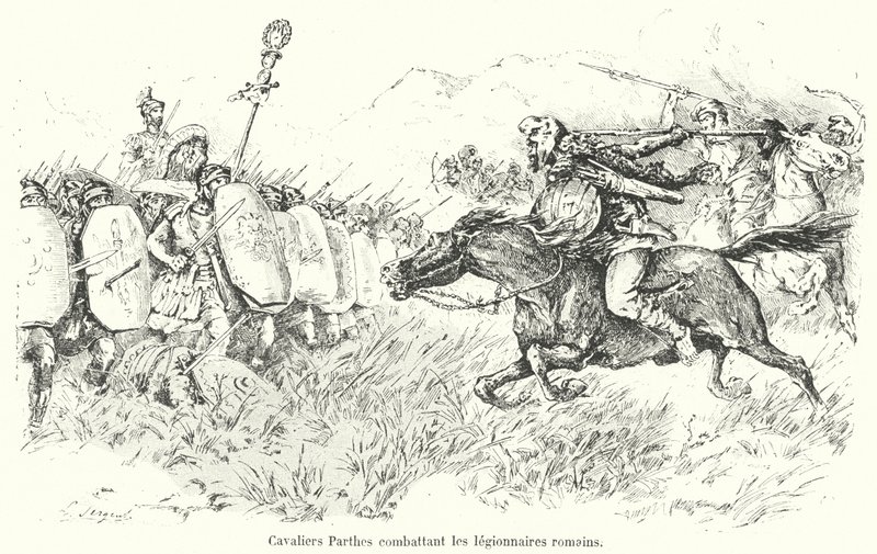 Parthische Kavallerie greift römische Legionäre an (Gravur) von French School