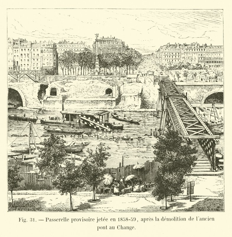 Provisorische Fußgängerbrücke errichtet 1858-59, nach dem Abriss der alten Pont au Change von French School