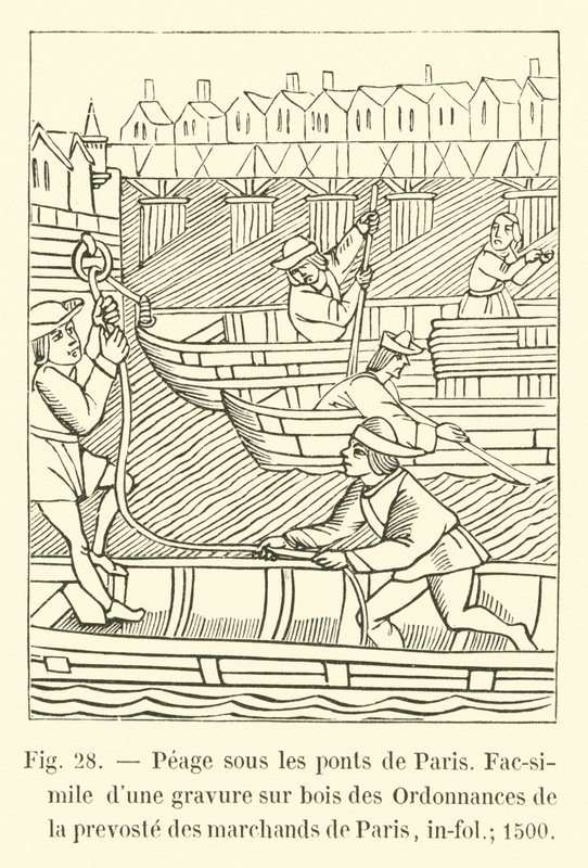 Maut unter den Brücken von Paris, Faksimile eines Holzschnitts aus den Verordnungen der Prévôté des Marchands von Paris, in-fol; 1500 von French School