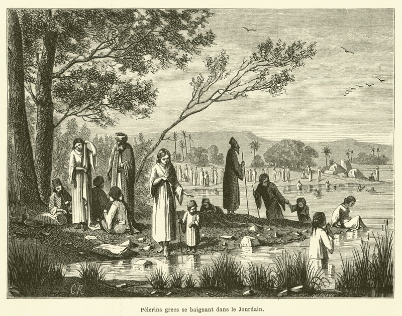 Griechische Pilger baden im Jordan (Gravur) von French School