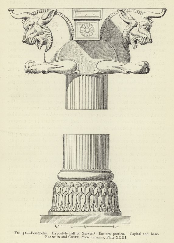 Persepolis, Hypostylhalle des Xerxes, Östliches Portikus, Kapitell und Basis von French School