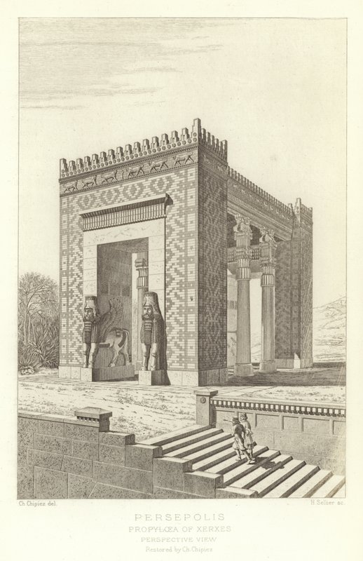 Persepolis, Propyläen des Xerxes, Perspektivische Ansicht, restauriert von Ch. Chipiez von French School