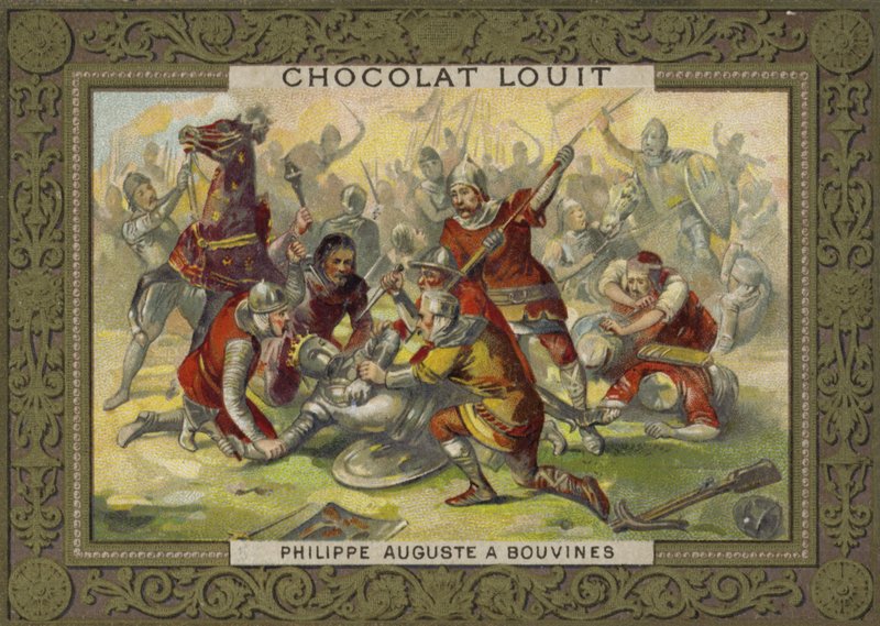 Philipp II. von Frankreich wird in der Schlacht von Bouvines, 1214, vom Pferd geworfen von French School