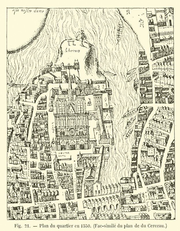 Plan des Viertels im Jahr 1550, Faksimile des Plans von du Cerceau von French School