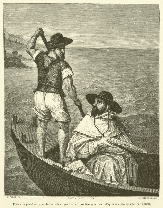 Vermutetes Porträt von Cervantes im Boot (Stich) von French School