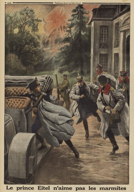 Prinz Eitel Friedrich von Preußen, zweiter Sohn von Kaiser Wilhelm II. von Deutschland, flieht in Panik, als sein Hauptquartier im Château de Temple-la Fosse während der Schlacht an der Somme unter französischen Artilleriebeschuss gerät, Erster Weltkrieg von French School