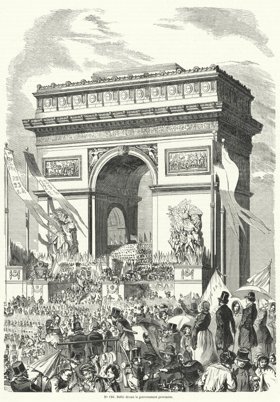 Prozession vor der französischen Provisorischen Regierung am Arc de Triomphe, Paris von French School