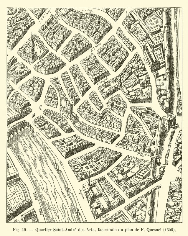 Viertel Saint-Andre des Arts, Faksimile des Plans von F. Quesnel, 1608 von French School
