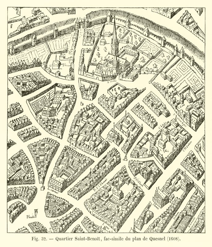 Viertel Saint-Benoit, Faksimile des Plans von Quesnel, 1608 von French School