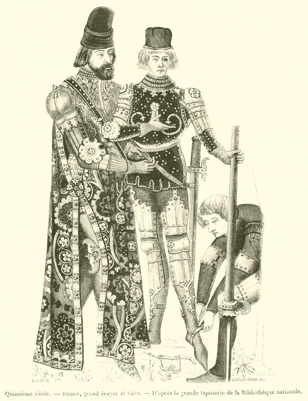 15. Jahrhundert, Prinz, Oberstallmeister und Diener (Gravur) von French School