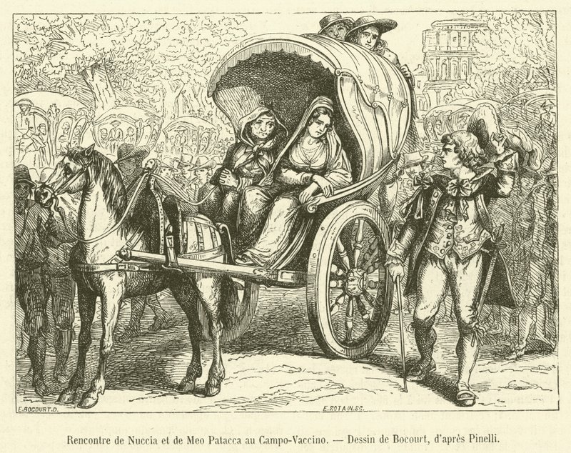 Begegnung von Nuccia und Meo Patacca auf dem Campo-Vaccino (Gravur) von French School