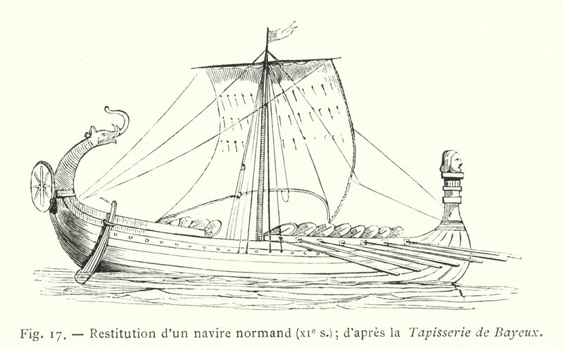 Rekonstruktion eines normannischen Schiffes, XI. Jh.; nach dem Teppich von Bayeux (Stich) von French School