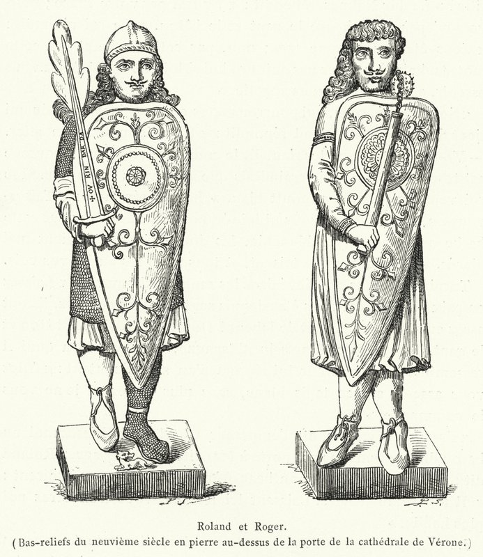 Roland und Roger, Basreliefs aus dem neunten Jahrhundert aus Stein über der Tür der Kathedrale von Verona (Stich) von French School