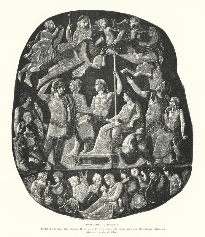 Römischer Onyx-Kamee, der die Apotheose des Kaisers Augustus darstellt (Gravur) von French School