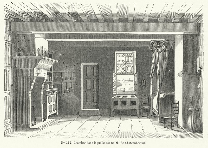 Zimmer im Hotel de France in St. Malo, Bretagne, in dem der französische Schriftsteller und Politiker Francois-Rene de Chateaubriand geboren wurde von French School