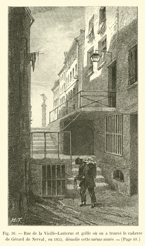 Rue de la Vieille-Lanterne und Gitter, wo 1855 die Leiche von Gérard de Nerval gefunden wurde, im selben Jahr abgerissen von French School