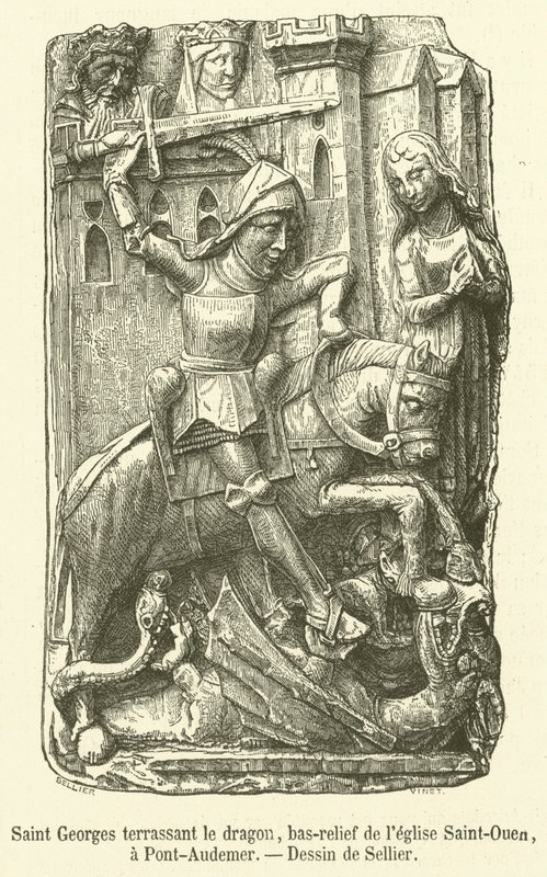 Sankt Georg, der den Drachen tötet, Flachrelief der Kirche Saint-Ouen in Pont-Audemer (Stich) von French School