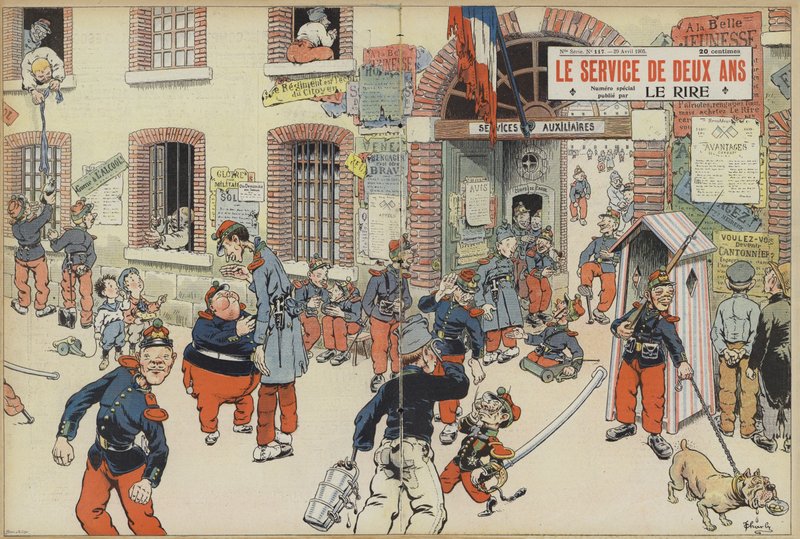 Satire auf die Einführung der Wehrpflicht in die französische Armee. Illustration für Le Rire von French School
