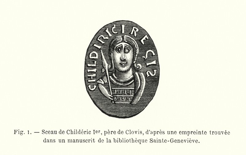 Siegel von Childerich I., Vater von Clovis, nach einem Abdruck in einem Manuskript der Bibliothek Sainte-Geneviève (Gravur) von French School