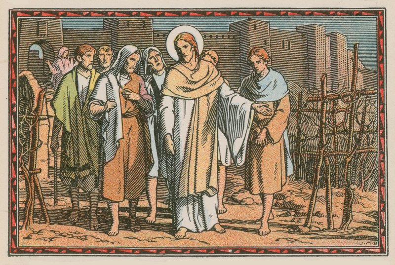 Szene aus dem Leben Jesu (farbige Gravur) von French School