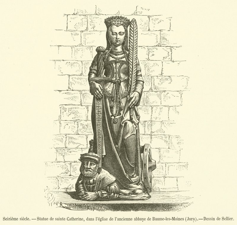 Sechzehntes Jahrhundert, Statue der heiligen Katharina, in der Kirche der ehemaligen Abtei von Baume-les-Moines, Jura (Gravur) von French School