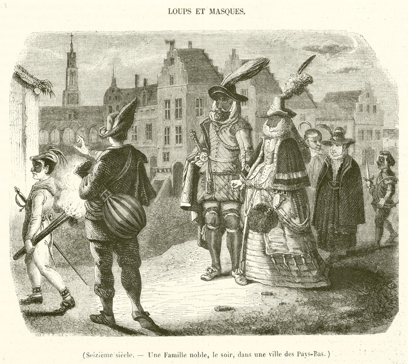 Sechzehntes Jahrhundert, eine Adelsfamilie, abends, in einer Stadt der Niederlande (Gravur) von French School