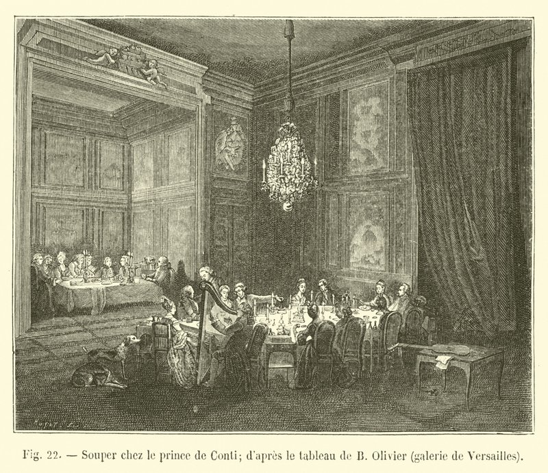 Abendessen beim Prinzen von Conti (nach dem Gemälde von B. Olivier, Galerie von Versailles) von French School