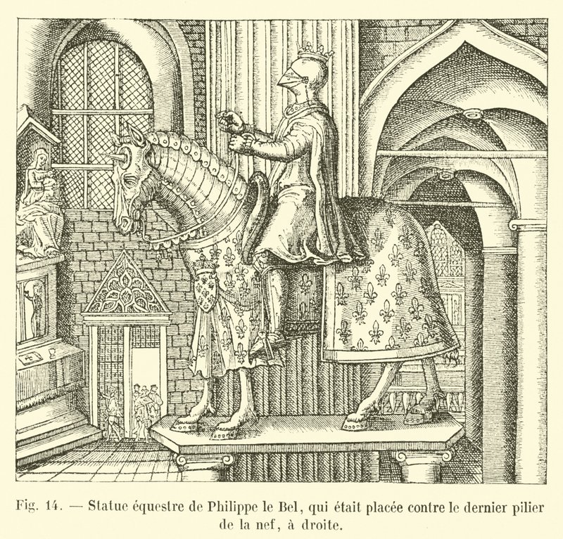 Reiterstatue von Philipp dem Schönen, die gegen den letzten Pfeiler des Kirchenschiffs rechts gestellt war von French School